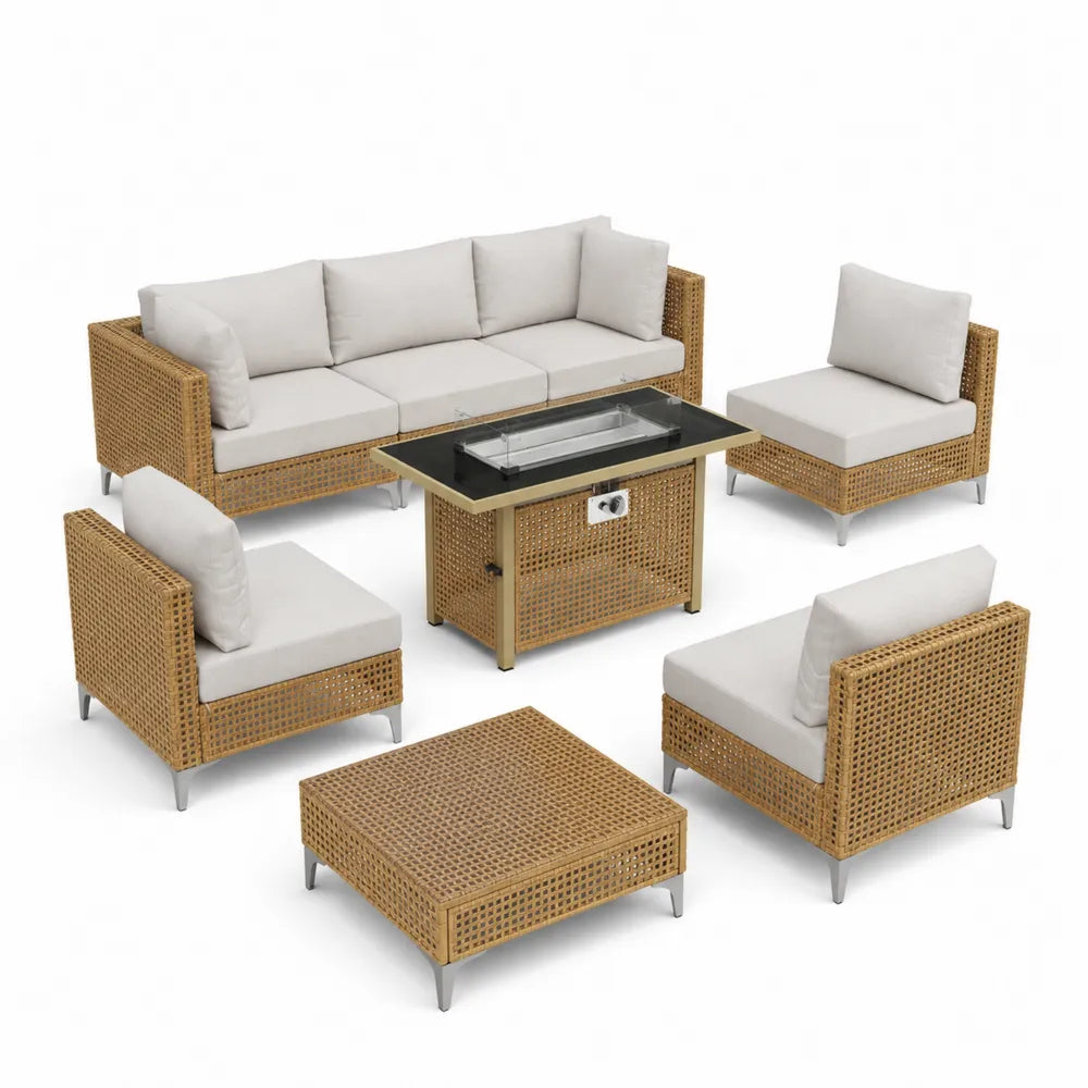 Rattan Gartenmöbel-Set mit Feuertisch und Glas