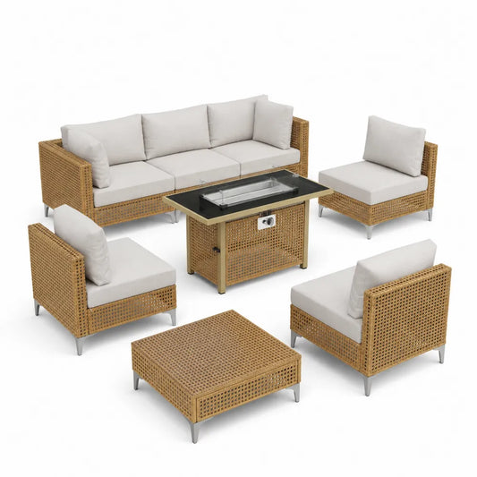 Rattan Gartenmöbel-Set mit Feuertisch und Glas