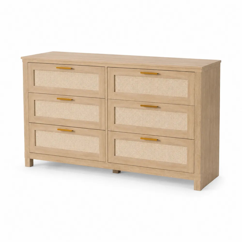 Kommode Holz Rattan Beige 6 Schubladen
