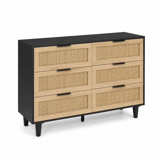 Kommode mit 6 Schubladen aus Holz und Rattan, Schwarz/Natur