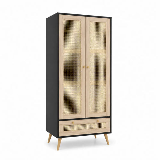 Kleiderschrank mit Rattangeflecht und Schublade Holz Schwarz