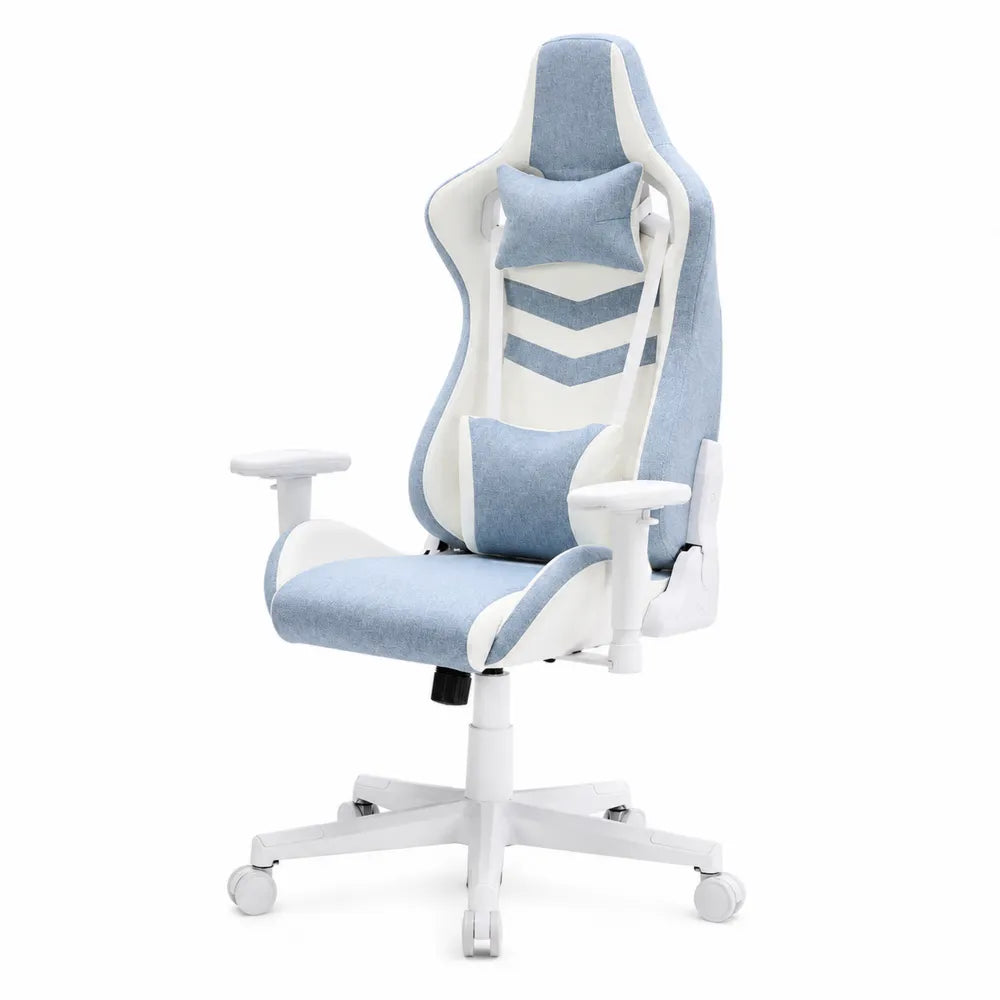 Gaming Stuhl mit Kopfstütze und Lendenkissen Stoff Blau/Weiß