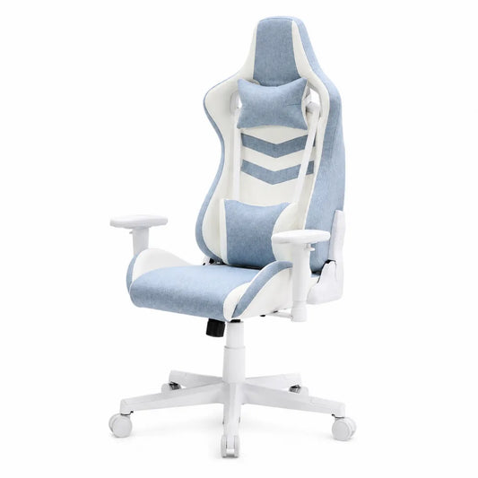 Gaming Stuhl mit Kopfstütze und Lendenkissen Stoff Blau/Weiß