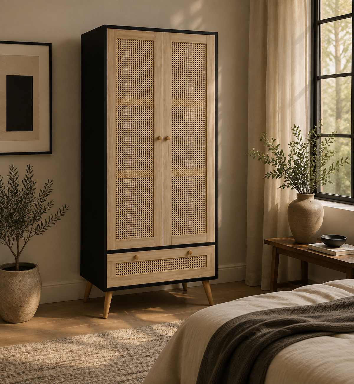 Kleiderschrank mit Rattangeflecht und Schublade Holz Schwarz