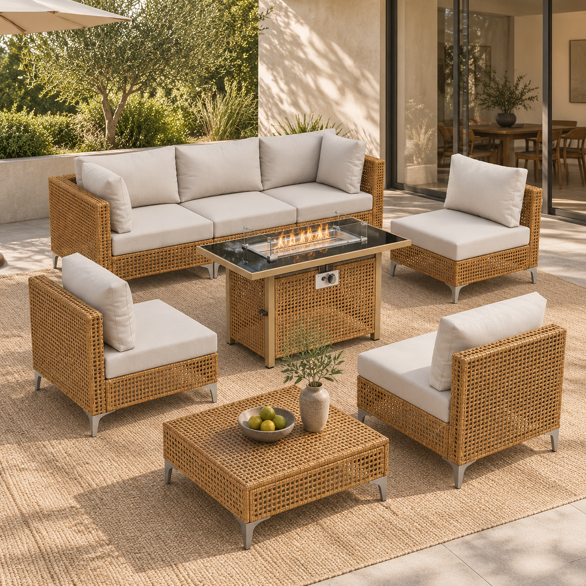 Rattan Gartenmöbel-Set mit Feuertisch und Glas