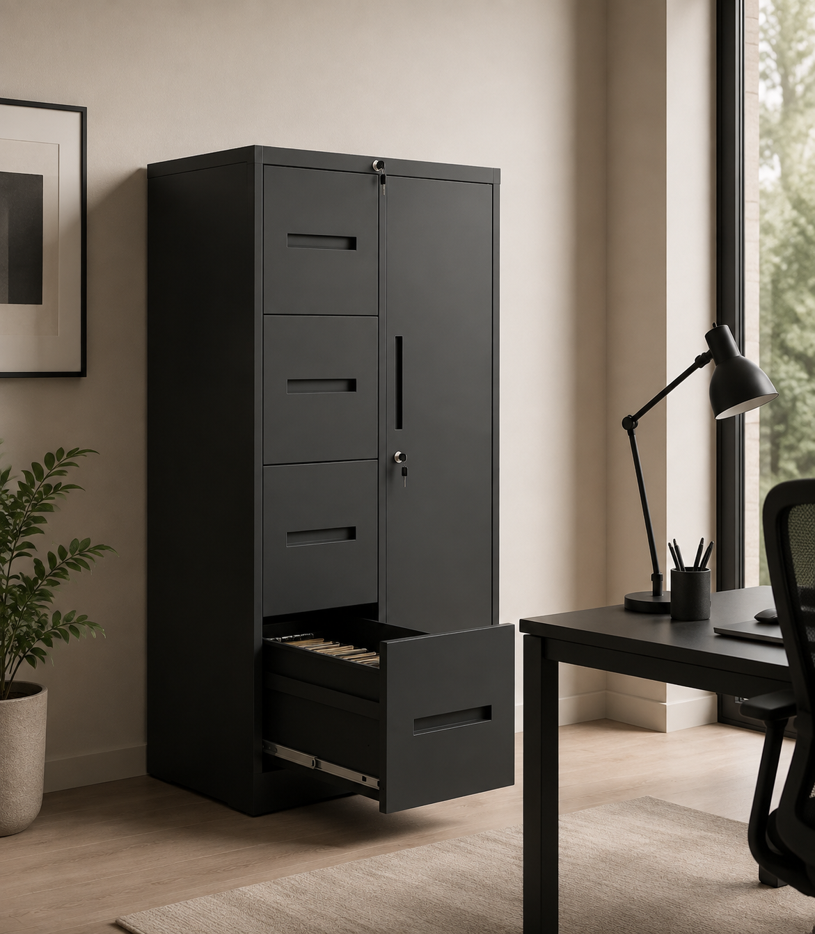 Metall Aktenschrank mit 4 Schubladen und Tür Stahl Schwarz 180x90x40 cm