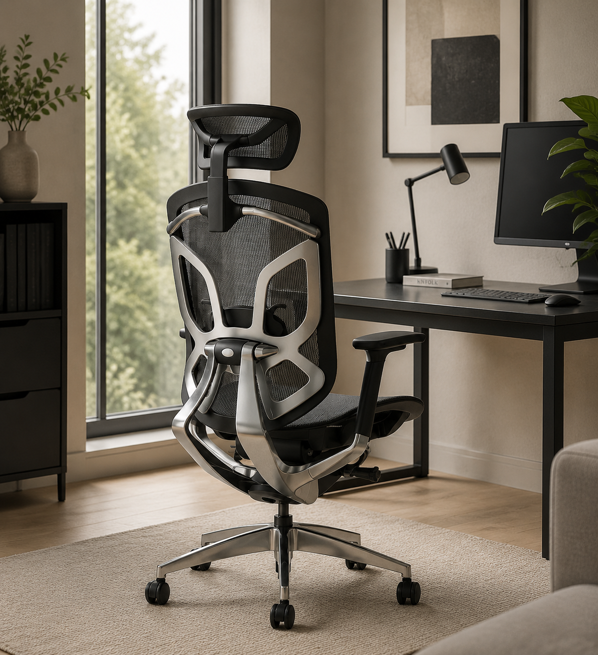 Ergonomischer Bürostuhl mit Netzrücken, Aluminiumrahmen, Schwarz